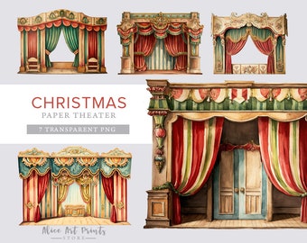 Utskrivbar julteater av papper, fransk teaterdockhus, digital vintage-ephemera av skräpjournal, korttillverkning, scrapbooking