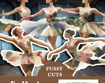 May include: Paper doll set featuring watercolor illustrations of ballerinas in various poses. The ballerinas wear white and floral-patterned tutus and tops. The set includes 10 paper dolls and 5 scenes, each 4 x 6 inches.