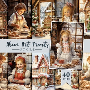 Cartes de journalisation en pain d’épice de Noël, clipart d’aquarelle de cuisine de Noël vintage, fabrication de cartes éphémères de journal indésirable de biscuits pour enfants