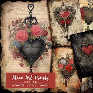 30 Vintage Lock Heart Digital Paper, Victorian Love Scrapbooking Page, Gothic Romance Junk Journal Pages, Dark Journal Pages, Collage Sheet