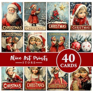 Afdrukbare vintage kerstkaarten, vintage kerstkaarten, kerstkaartbundel, vintage ephemera, collageblad, digitale download