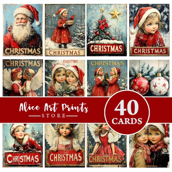Set Di 50 Cartoline Di Natale Vintage + 120 Adesivi | Biglietti Di Auguri Con Disegni Antichi Di Babbo Natale E Inverno | Per Regali E Decorazioni
