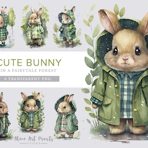 Schattige konijntjes aquarel clipart, schattige baby konijn PNG, schattig konijntje in een sprookjes bos PNG, Bunny clipart-kwekerij clipart-kinderen