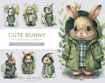 Cute Bunnies Watercolor Clipart, Adorable baby rabbit PNG, Cute Bunny in a fairytale forest PNG, Bunny Clipart - Nursery Clipart - Children