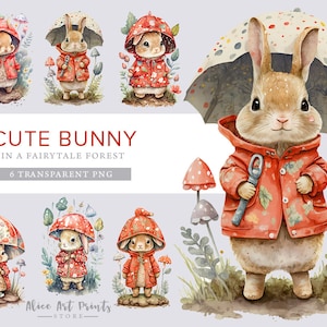 Mignon lapin aquarelle Clipart, Adorable bébé lapin PNG, lapin mignon dans une forêt de conte de fées PNG, lapins Clipart - Nursery Clipart - enfants