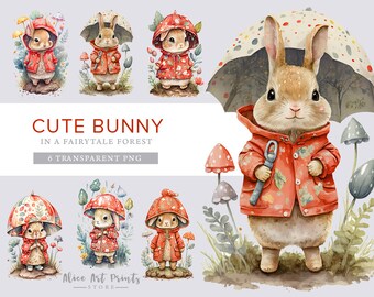 Cute Bunny Watercolor Clipart, Adorable bebé conejo PNG, Cute Bunny en un bosque de cuento de hadas PNG, Bunnies Clipart - Nursery Clipart - Niños