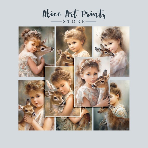 Watercolor Little Girl baby deer Digital Collage Sheets, High-Quality Digital ATC Cards, Printable Cards for DIY Crafts and Scrapbooking N03