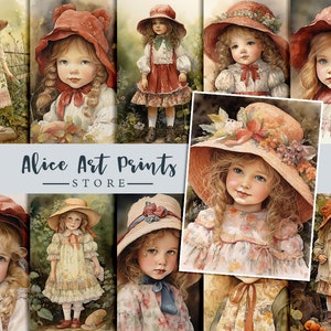 Pacote de clipart de aquarela para meninas vintage, arte retrô vintage infantil em aquarela, cartões de registro em diário, ilustrações em aquarela, imagens efêmeras