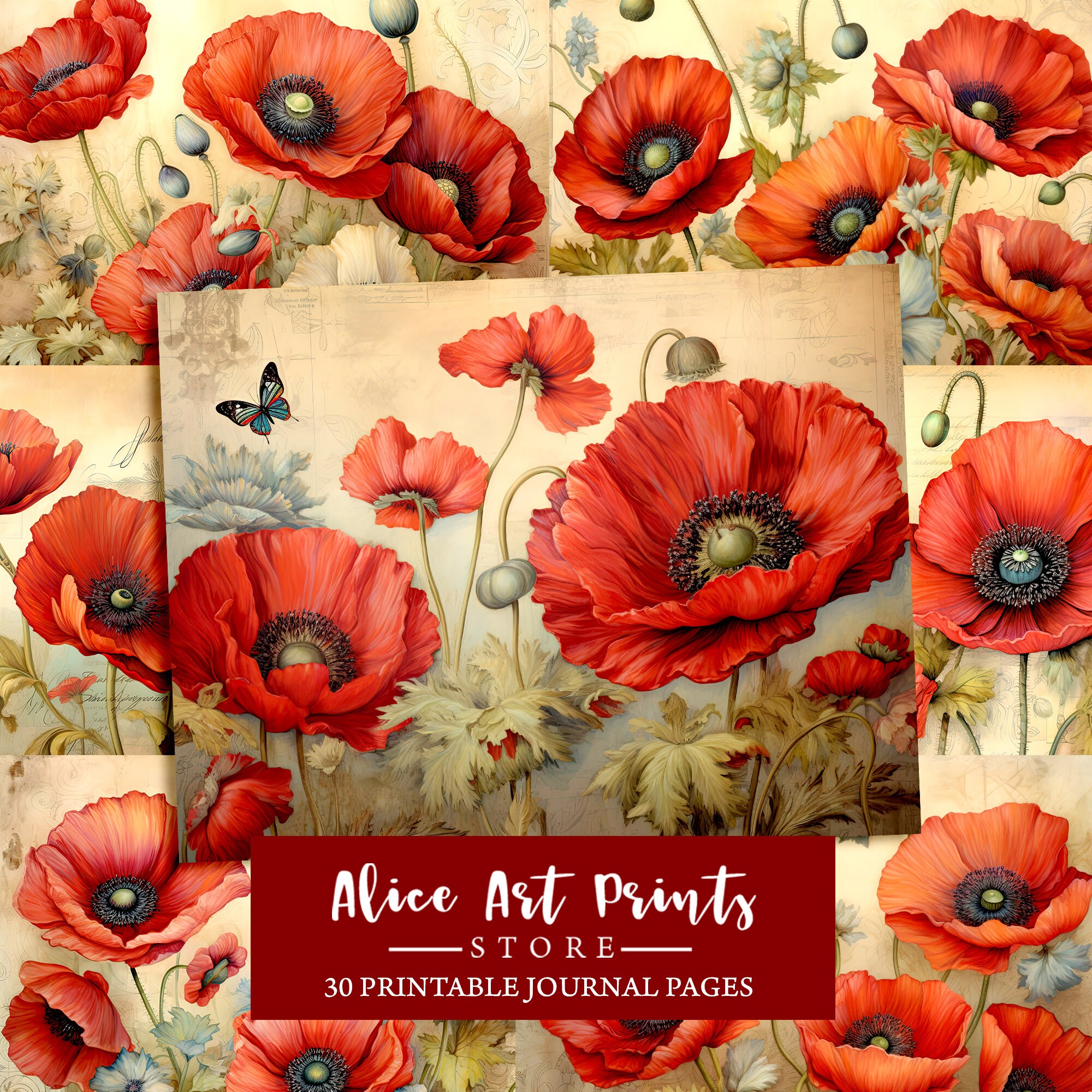 Vintage Poppy Junk Journal Kit, Poppies Digital Paper for Scrapbooking ...