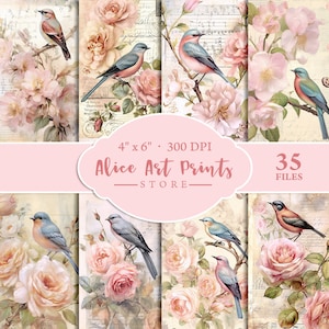 Postal vintage de pájaros y rosas, efímera romántica vintage, tarjeta de diario Shabby Chic, delicadas pinturas de acuarela Postales