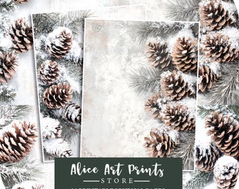 May include: 20 printable journal pages featuring a snowy winter scene with pine cones and evergreen branches. The pages are white with a subtle textured background. The text "Alice Art Prints - STORE - 20 Printable Journal Pages" is at the bottom of the image.