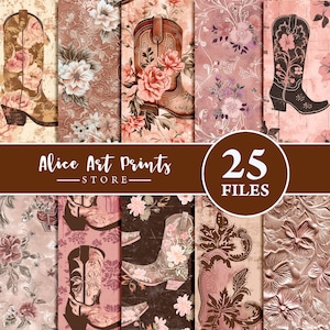 Boho Cowgirl Stiefel Muster, Blush Pink Country Western Rodeo Print Scrapbook Papiere, beunruhigte Cowboy Stiefel & Florales Digitales Journal Papier