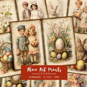 Victorian Easter Bunny Junk Journal Kit Pages, Vintage Easter Ephemera, Kids Journal Digital Paper Scrapbooking Antique Easter Eggs