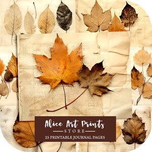 May include: 25 printable journal pages featuring autumn leaves on aged paper with the text "Alice Art Prints - STORE - 25 Printable Journal Pages".