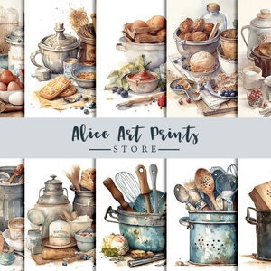 May include: Watercolor illustrations of vintage kitchen tools and baked goods. The images feature whisks, bowls, eggs, and other cooking utensils. The text "Alice Art Prints Store" is displayed in the center of the image.
