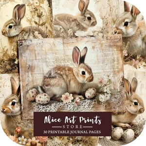 Easter Bunny Junk Journal Kit, Easter Greetings Card, Shabby Chic Spring Journal Digital Paper Bunnies and Easter eggs, Vintage Ephemera