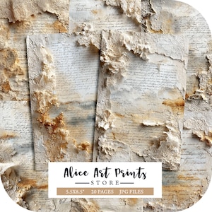 May include: A collection of digital art prints featuring vintage-style handwritten cursive script on aged, textured paper with cream-colored lace overlays and dried floral accents. The text reads Alice Art Prints STORE 5.5X8.5" 20 PAGES JPG FILES.