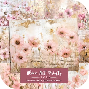 Kit de journal indésirable champ de fleurs, papier journal numérique grunge floral rose blush pour le scrapbooking, pages de journal shabby chic et fleurs sauvages