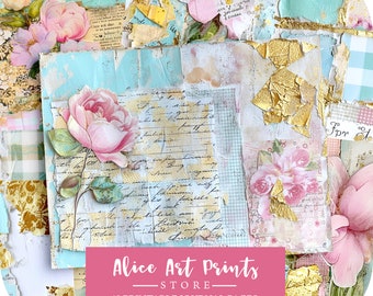 Spring Junk Journal Scraps, Gold Leaf Shabby Digital Papers, Grunge Wallpaper Swatch Pages, Easter Printable Scrapbook Collage Kit