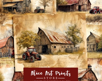 May include: A collage of 25 printable journal pages featuring vintage-style illustrations of red barns, tractors, and rustic landscapes. The pages are designed with a distressed, aged look, giving them a charming and nostalgic feel.  The text "Alice Art Prints - STORE - 25 Printable Journal Pages" is included in the image.