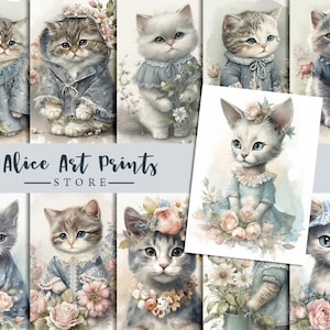 Carte de journalisation de chat shabby chic, cartes ATC de chaton de conte de fées aquarelle, images éphémères pour le bricolage