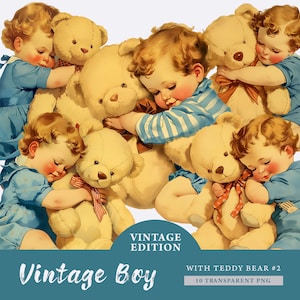 Kleine jongen met teddybeer clipart bundel, transparante PNG, vintage schattige jongens clipart, sublimatie, papier ambachtelijke, junk Journal scrapbooking