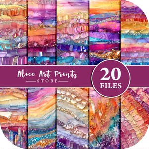 May include: A set of 20 digital paper files featuring abstract, colorful, and glittery designs. The papers are perfect for scrapbooking, card making, and other crafting projects. Alice Art Prints - STORE.
