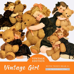 Vintage Little Girl with Teddy Bear Clipart Bundle, transparent PNG, Cute Girls Clipart, Sublimation, Paper craft, Junk Journal Scrapbooking