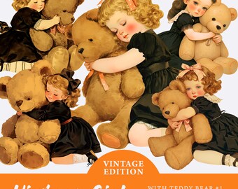 Vintage Little Girl with Teddy Bear Clipart Bundle, PNG transparente, Cute Girls Clipart, Sublimación, Artesanía de papel, Scrapbooking de diario basura