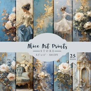 Tattered Blue & Gold Wall Printable, 25 Pink printable Junk Journal Pages, Rococo Blue Gold Scrapbooking Papers, Shabby Chic Collage Sheet