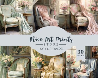 French chateau, bedroom, chair, Pink Blue Green Yellow delicate flowers Junk Journal Papers, Romantic French-style castle Pages Printable