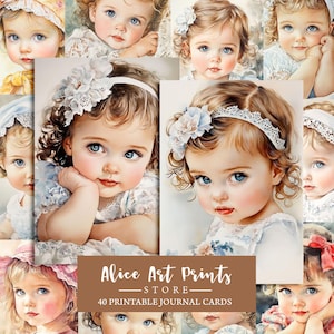 Vintage Porträt Baby Girl Journaling Karte, Aquarell viktorianische Mädchen Junk Journal Karten, Retro kleine Mädchen Karte, die Scrapbook Grafiken macht