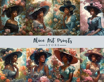 Mujeres negras hermosas vintage en un vestido y sombrero de la era victoriana Tarjeta de diario, pinturas románticas para damas Tarjetas ATC, imágenes efímeras para bricolaje