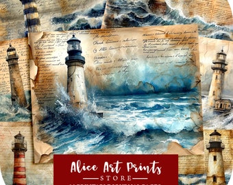 Watercolor Lighthouse Junk Journal Kit, Shabby Chic Ocean Journal Pages, Water Digital Paper for Scrapbooking Grunge Journal Paper Printable