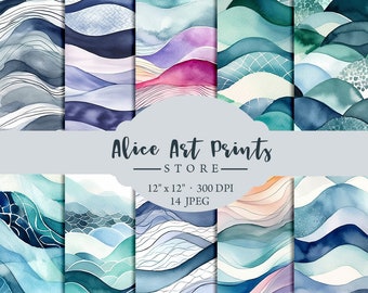 Ondas de acuarela abstractas, textura de acuarela geométrica simple, papel digital de Scrapbooking de las olas del océano de acuarela, patrón abstracto