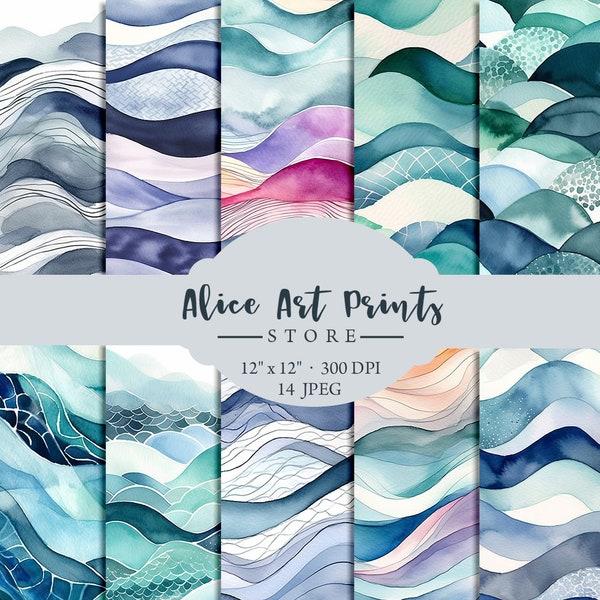 Abstract watercolor waves, simple geometric watercolor texture, Watercolor ocean waves Scrapbooking  Digital Paper, Abstract Pattern