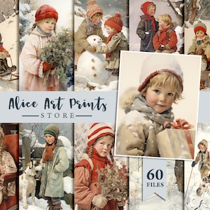 Arte em aquarela infantil vintage, cartões retrô de memórias de inverno de infância, pacote de ilustrações em aquarela, 60 imagens efêmeras para DIY