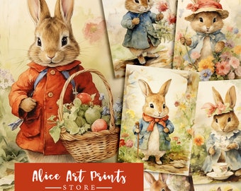 Vintage Easter Bunnies Journaling Ephemera, Junk Journal Peter Rabbit 45 Vintage Cards, Spring Rabbit Digital Clip art, Beatrix Potter Style