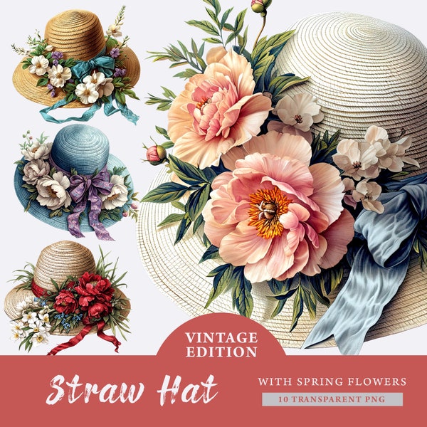 Floral Straw Hat Watercolor Clipart, Vintage Easter Bonnets PNG clip art, Floral Hat Clipart Bundle, Sun Hat  Sublimation, Junk Journal