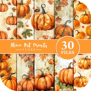 Pumpkin Spice Digital Paper, Watercolor Autumn Pattern, Cozy Fall Printable Scrapbooking Paper, Thanksgiving Background, Instant Download