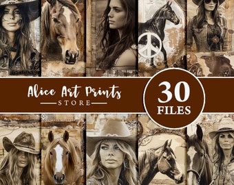 Vintage Cowgirl Digital Scrapbook Papers, Western Cowgirl Spirit Printable Collage, Rustic Cowgirl  Junk Journal, Wild West Backgrounds