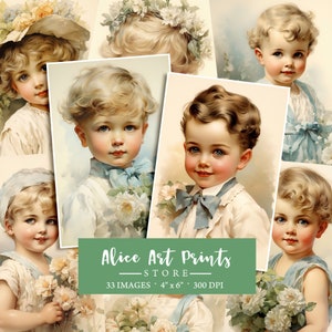 vintage Boy Aquarelle Clipart Bundle, Images pour enfants nostalgiques, Graphiques d’enfance, Carte de journalisation pour enfants rétro, éphémères, fabrication de cartes
