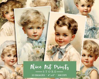 Paquete de imágenes prediseñadas de acuarela de niño vintage, imágenes nostálgicas para niños, gráficos infantiles, tarjeta de diario para niños retro, efímera, fabricación de tarjetas