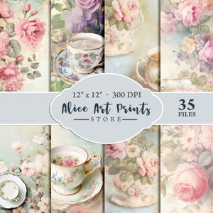 Tea Party Digital Scrapbook Paper, Vintage Ephemera, Printable Shabby Chic Pages, Download Junk Journal, Scrapbooking, Card Making