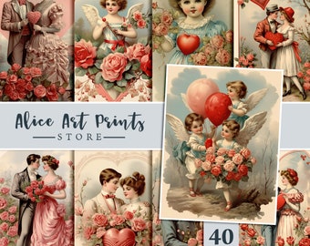 Vintage Valentijnskaart junk journal, digitale ephemera, junk journal benodigdheden, kaart maken plakboek Retro Ansichtkaarten Valentijnsdag paren kaart