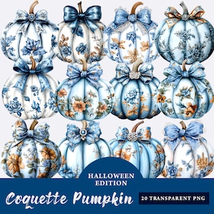Blue Floral Pumpkin With Coquette Bow & Diamonds clipart Bundle, Cute Coquette Pumpkin PNG, Watercolor Pumpkins Png, Autumn sublimation