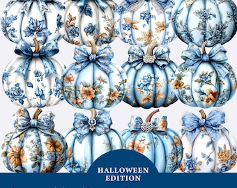 Blue Floral Pumpkin With Coquette Bow & Diamonds clipart Bundle, Cute Coquette Pumpkin PNG, Watercolor Pumpkins Png, Autumn sublimation
