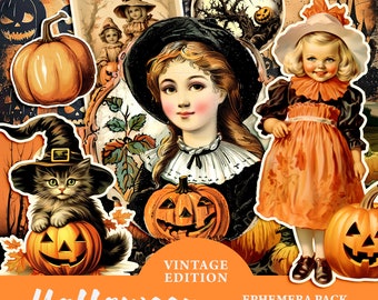 May include: Vintage Halloween ephemera pack featuring 10 pages and 53 elements. The pack includes images of a girl in a witch's hat, a girl in a dress, a cat, pumpkins, and other Halloween-themed illustrations.