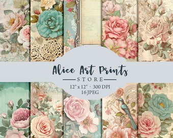 Shabby Chic flowers Junk Journal Papers, Vintage roses Junk Journal Pages, Romantic Junk Journal Printable, Vintage Collage Sheet