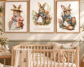 Vintage Bunny Nursery Wall Art Set of 3, Storybook Rabbit Prints, Watercolor Bunny Printable, Cottagecore Kids Room Decor